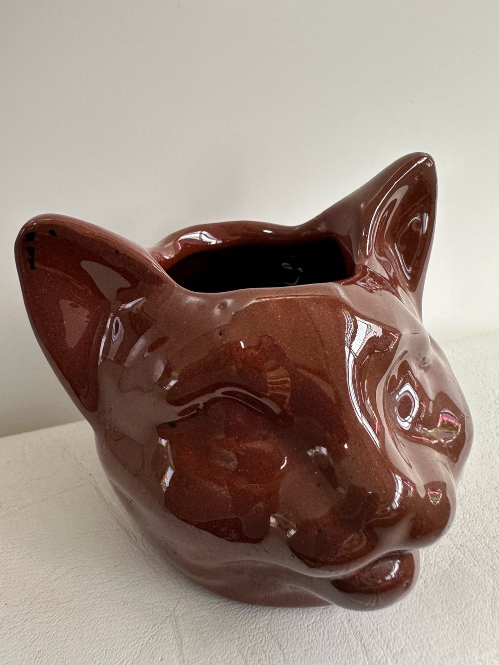 Vintage Ceramic Pottery Cat Head Planter in Rich Brown